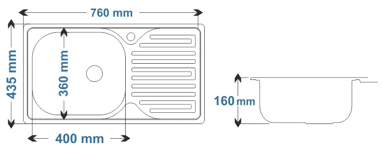 Ankastre Eviye Damlalıklı SA76 - Teknik Çizim