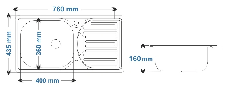 Ankastre Eviye Taşmalı SA76T - Teknik Çizim